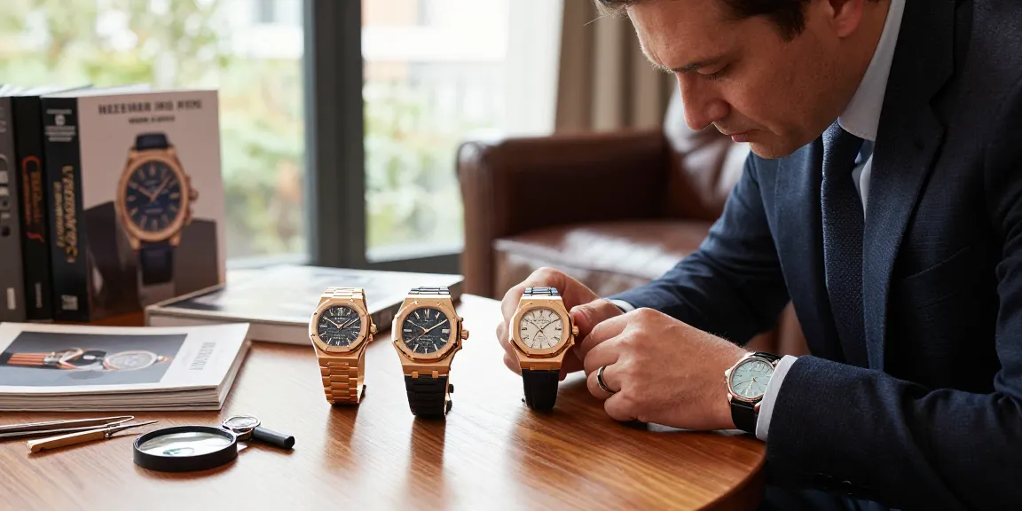 Exquisite super clone watches displayed on a polished table with a watch expert examining their details.