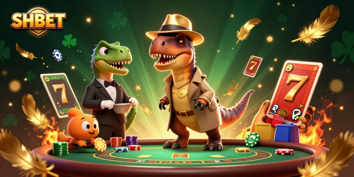 SHBET casino scene with a velociraptor card counter and a stegosaurus pit boss amidst slot reels.