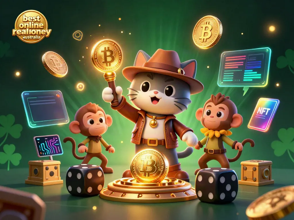Experience the excitement at the best online casino real money Australia with a vibrant 3D illustration of a cat explorer discovering casino treasures.