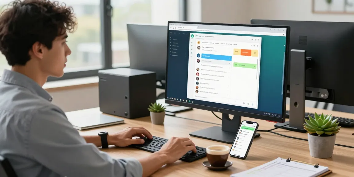 Using WhatsApp網頁版 in a modern office with multiple screens and natural light.