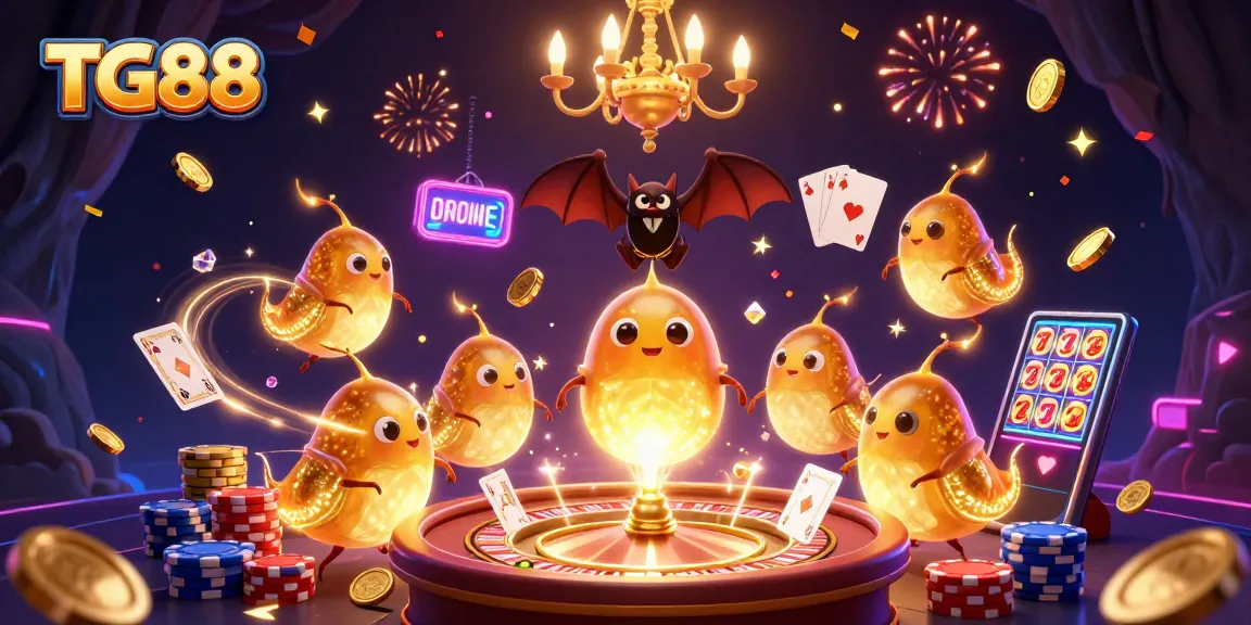 Join the excitement at TG88's vibrant casino featuring playful glowworms and a bat dealer.