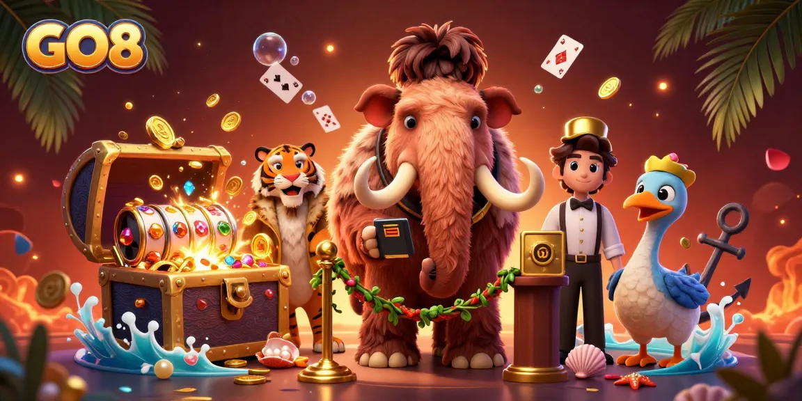 Engage in GO8 casino fun with a vibrant scene featuring a woolly mammoth bouncer, saber-tooth VIP, and thrilling slot games.