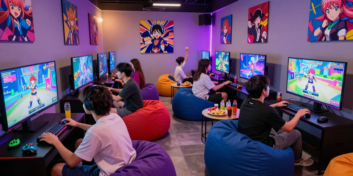 Players enjoying ecchi games in a vibrant gaming lounge filled with colorful decor and snacks.