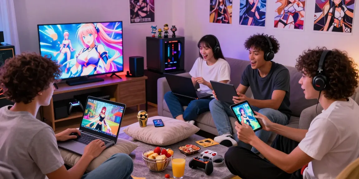 Gamers enjoying various hentai games on multiple devices in a cozy living room.