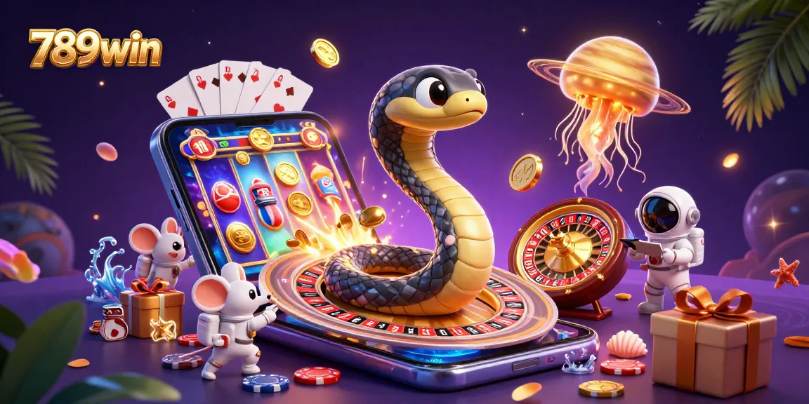 Engage with 789win's thrilling cosmic gambling scene featuring astronauts and a roulette snake.