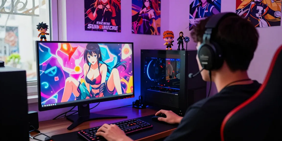 Engaged gamer playing ecchi games in a vibrant, immersive setup.