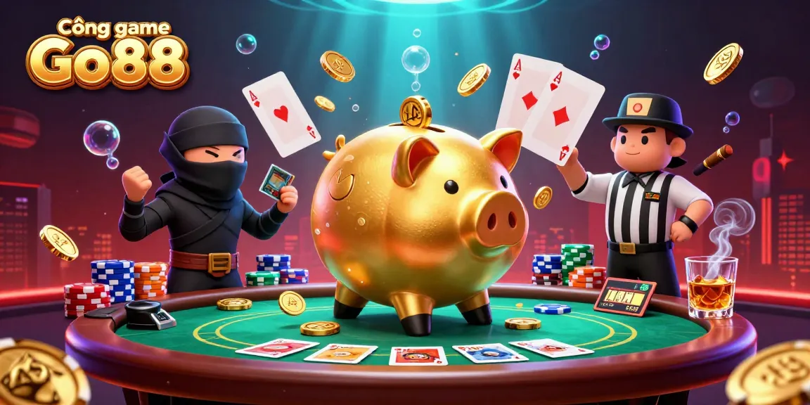 Cổng game Go88 showcases an exciting scene with a cartoonish golden piggy bank sumo wrestler, wallet-ninja, and credit-card samurai, vibrant casino elements, and engaging atmosphere.