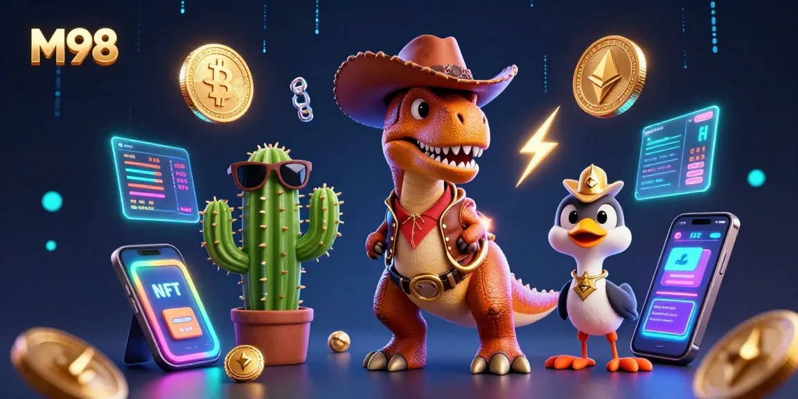 M98 showcases a thrilling 3D casino scene with a cowboy dinosaur, cactus, and roadrunner amidst cryptocurrency elements.